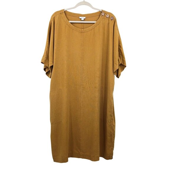 J. Jill Pure Jill Mustard Yellow Button Shoulder Shift Dress Size Large Fall - Picture 2 of 13